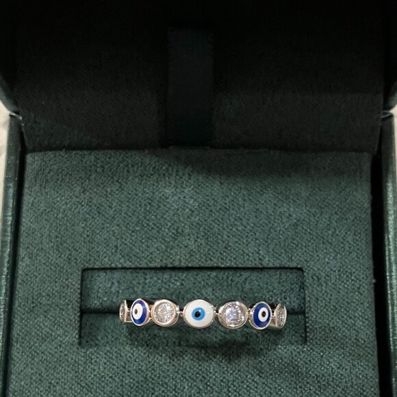 Silver 14KT Plate Evil Eye Ring with Cubic Zirconia and Enamel Accents (Size 8) - Picture 1 of 3